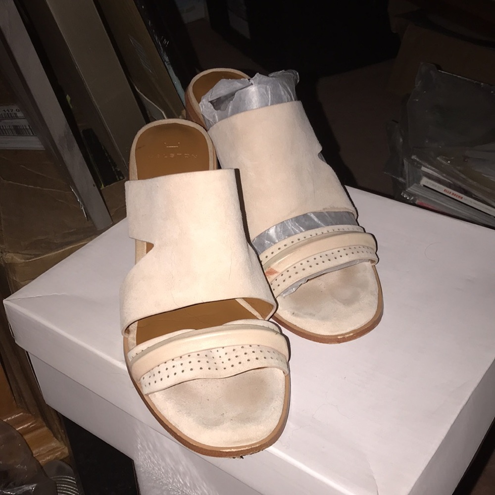 Halston designer beige suede sandals with wooden heels